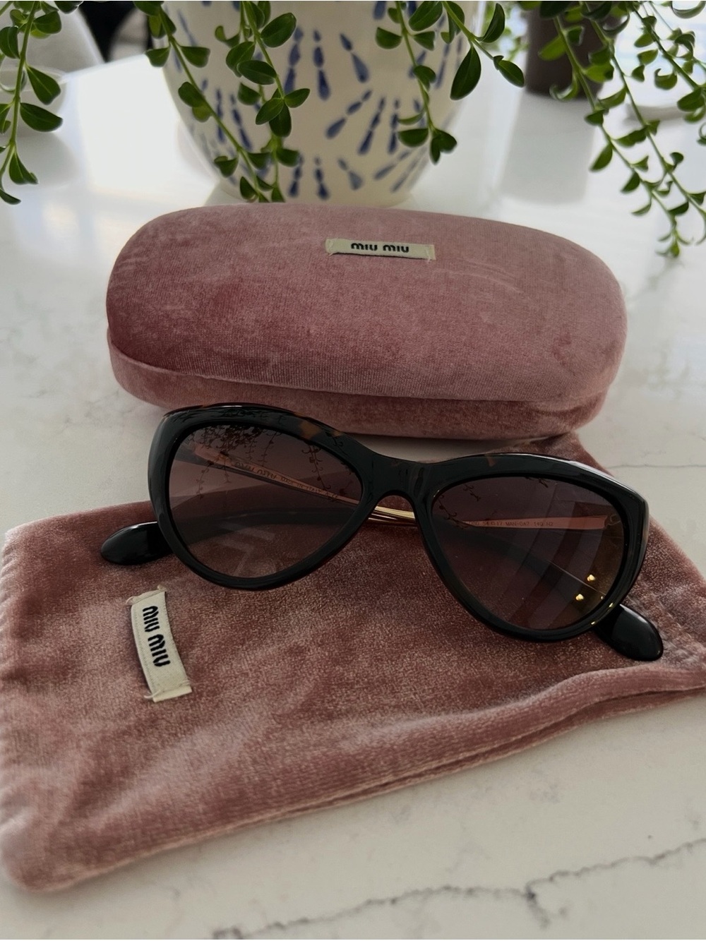 Miu Miu Black Cat-Eye Sunglasses with Pink Velvet Case